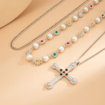 Chic Gold Silver Tone Cross Pendant Pearl Rhinestone Chain Necklace Set - ArtGalleryZen