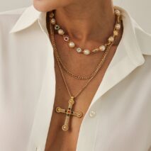 Chic Gold Silver Tone Cross Pendant Pearl Rhinestone Chain Necklace Set - ArtGalleryZen