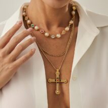 Chic Gold Silver Tone Cross Pendant Pearl Rhinestone Chain Necklace Set - ArtGalleryZen