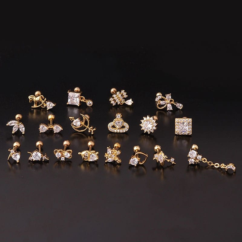 Chic Gold Silver Tone CZ Inlaid Helix Piercing Stud Earring - ArtGalleryZen