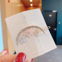 Chic Handmade CZ Inlaid Pink Floral Moon Heart Hair Clip - ArtGalleryZen
