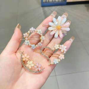 Chic Handmade CZ Inlaid Pink Floral Moon Heart Hair Clip - ArtGalleryZen