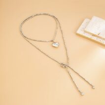Chic Heart Pendant Square Beaded Long Chain Necklace - ArtGalleryZen