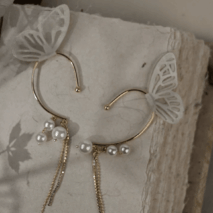 Chic Hollow Butterfly Pearl Chain Tassel Elf Ear Cuff Wrap Earring - ArtGalleryZen