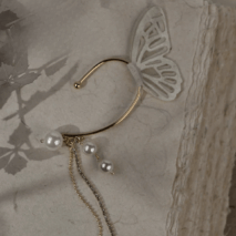 Chic Hollow Butterfly Pearl Chain Tassel Elf Ear Cuff Wrap Earring - ArtGalleryZen