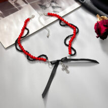 Chic Layered Cross Bowknot Pendant Pearl Seed Beaded Chain Necklace - ArtGalleryZen