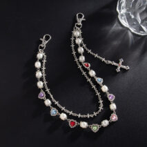 Chic Layered Cross Pendant Heart Rhinestone Pearl Trouser Chain - ArtGalleryZen