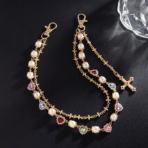 Chic Layered Cross Pendant Heart Rhinestone Pearl Trouser Chain - ArtGalleryZen