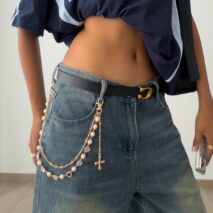 Chic Layered Cross Pendant Heart Rhinestone Pearl Trouser Chain - ArtGalleryZen