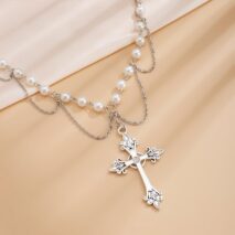 Chic Layered Cross Pendant Pearl Chain Necklace - ArtGalleryZen