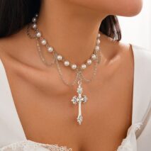 Chic Layered Cross Pendant Pearl Chain Necklace - ArtGalleryZen