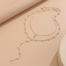 Chic Layered Cross Pendant Pearl Chain Y Necklace Set - ArtGalleryZen