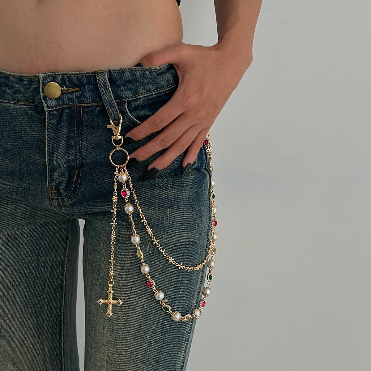 Chic Layered Cross Pendant Pearl Crystal Trouser Chain - ArtGalleryZen