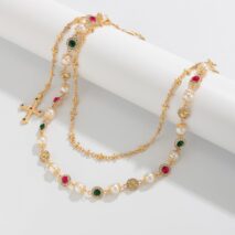 Chic Layered Cross Pendant Pearl Crystal Trouser Chain - ArtGalleryZen