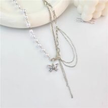 Chic Layered Crystal Butterfly Pearl Chain Necklace - ArtGalleryZen