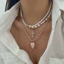 Chic Layered Crystal Inlaid Cross Heart Pendant Pearl Chain Necklace Set - ArtGalleryZen