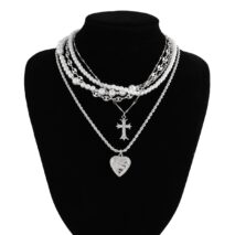 Chic Layered Crystal Inlaid Cross Heart Pendant Pearl Chain Necklace Set - ArtGalleryZen