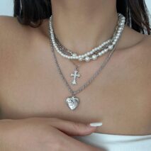 Chic Layered Crystal Inlaid Cross Heart Pendant Pearl Chain Necklace Set - ArtGalleryZen