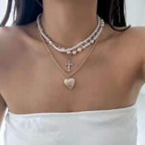Chic Layered Crystal Inlaid Cross Heart Pendant Pearl Chain Necklace Set - ArtGalleryZen