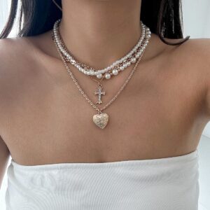 Chic Layered Crystal Inlaid Cross Heart Pendant Pearl Chain Necklace Set - ArtGalleryZen