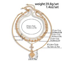 Chic Layered Crystal Inlaid Cross Heart Pendant Pearl Chain Necklace Set - ArtGalleryZen