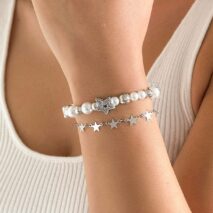 Chic Layered Crystal Inlaid Star Pearl Chain Bracelet - ArtGalleryZen