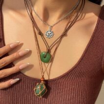 Chic Layered Crystal Sun Pendant Wax Cord String Necklace Set - ArtGalleryZen