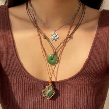 Chic Layered Crystal Sun Pendant Wax Cord String Necklace Set - ArtGalleryZen