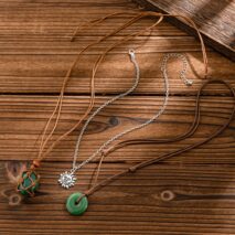 Chic Layered Crystal Sun Pendant Wax Cord String Necklace Set - ArtGalleryZen