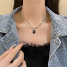 Chic Layered CZ Inlaid Pink And Black Crystal Heart Pendant Star Chain Necklace - ArtGalleryZen