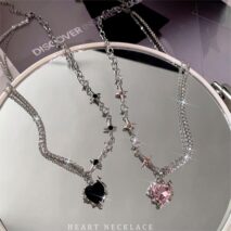 Chic Layered CZ Inlaid Pink And Black Crystal Heart Pendant Star Chain Necklace - ArtGalleryZen