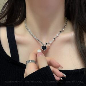 Chic Layered CZ Inlaid Pink And Black Crystal Heart Pendant Star Chain Necklace - ArtGalleryZen