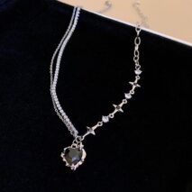 Chic Layered CZ Inlaid Pink And Black Crystal Heart Pendant Star Chain Necklace - ArtGalleryZen
