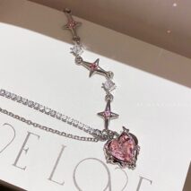 Chic Layered CZ Inlaid Pink Crystal Heart Pendant Star Chain Necklace - ArtGalleryZen