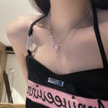 Chic Layered CZ Inlaid Pink Crystal Heart Pendant Star Chain Necklace - ArtGalleryZen
