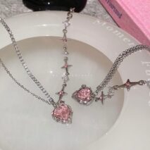 Chic Layered CZ Inlaid Pink Crystal Heart Pendant Star Chain Necklace - ArtGalleryZen