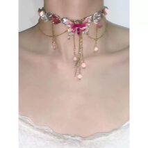 Chic Layered CZ Inliad Enamel Butterfly Crystal Tassel Choker Necklace - ArtGalleryZen