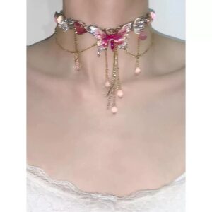 Chic Layered CZ Inliad Enamel Butterfly Crystal Tassel Choker Necklace - ArtGalleryZen