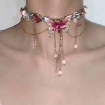 Chic Layered CZ Inliad Enamel Butterfly Crystal Tassel Choker Necklace - ArtGalleryZen