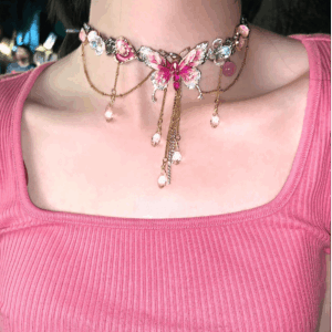Chic Layered CZ Inliad Enamel Butterfly Crystal Tassel Choker Necklace - ArtGalleryZen