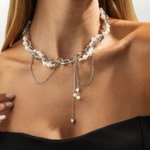 Chic Layered Heart Tassel Pearl Curb Chain Choker Necklace - ArtGalleryZen