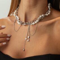 Chic Layered Heart Tassel Pearl Curb Chain Choker Necklace - ArtGalleryZen