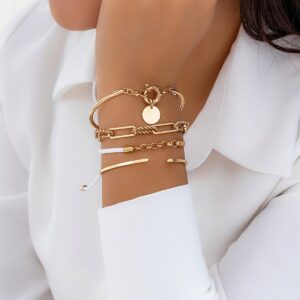 Chic Layered Knotted String Round Disk Cable Chain Bangle Bracelet Set - ArtGalleryZen