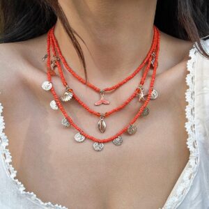 Chic Layered Mermaid Shell Starfish Tassel Seed Bead Necklace Set - ArtGalleryZen