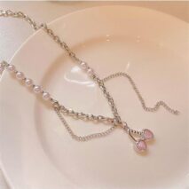 Chic Layered Pearl Charm Pink Cherry Pendant Necklace - ArtGalleryZen