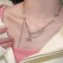 Chic Layered Pearl Charm Pink Cherry Pendant Necklace - ArtGalleryZen