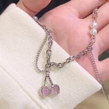 Chic Layered Pearl Charm Pink Cherry Pendant Necklace - ArtGalleryZen