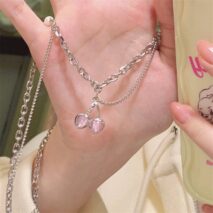 Chic Layered Pearl Charm Pink Cherry Pendant Necklace - ArtGalleryZen