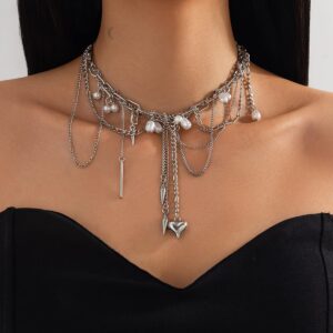 Chic Layered Pearl Rivet Tassel Heart Pendant Cable Chain Y Necklace - ArtGalleryZen