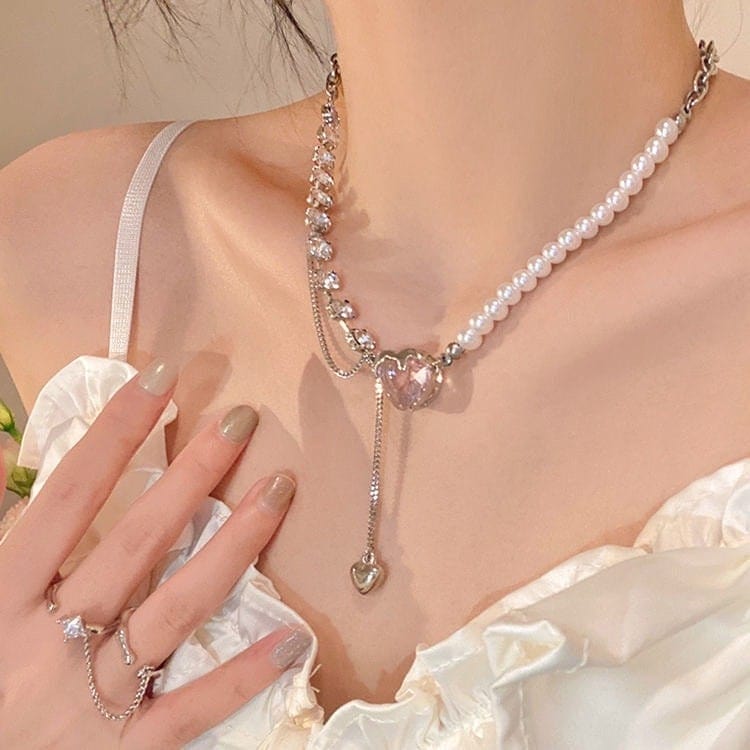 Chic Layered Pink Heart Pendant Cubic Zirconia Pearl Chain Necklace - ArtGalleryZen